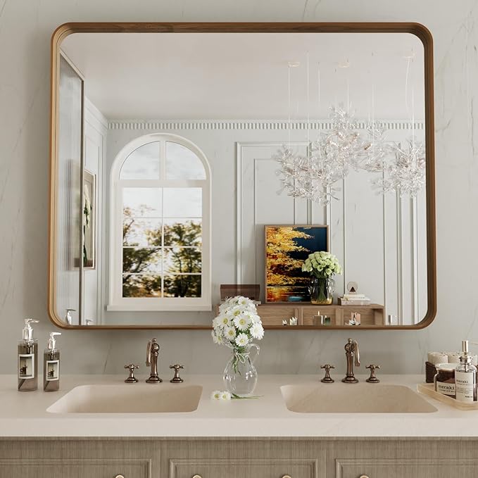 LOAAO 40X36 Inch Bathroom Mirror with Wood Grain Colored Metal Frame, Rounded Rectangle Metal Framed Bathroom Mirror, Anti-Rust, Hangs Horizontally or Vertically, Tempered Glass