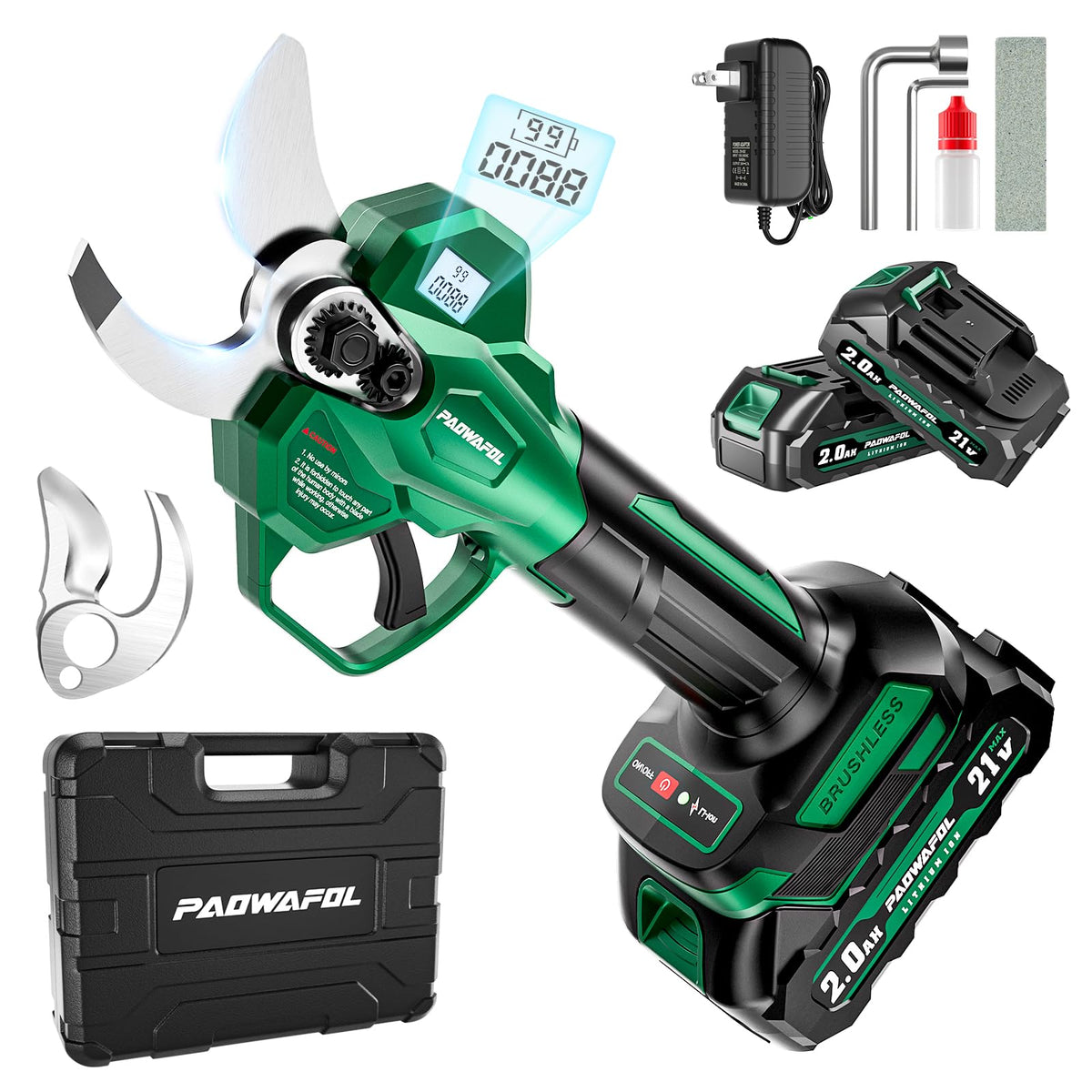 PAOWAFOL Electric Pruning Shears, 1.6" (41mm) Cordless Power Pruner with LCD Display, Brushless Motor, 2x2000mAh Batteries, 2xSK5 Blades, Battery Powered Branch Cutter for Garden Trimming