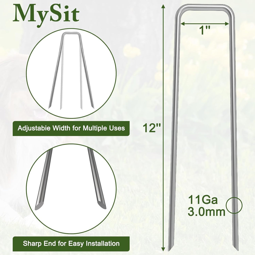 MySit 12" Garden Stakes Pins Landscape Staples 11Ga Tent Stakes 50 Pack, Heavy Duty Galvanized Steel Metal Yard Stakes Ground Lawn Staples Fence Anchors for Weed Barrier Fabric