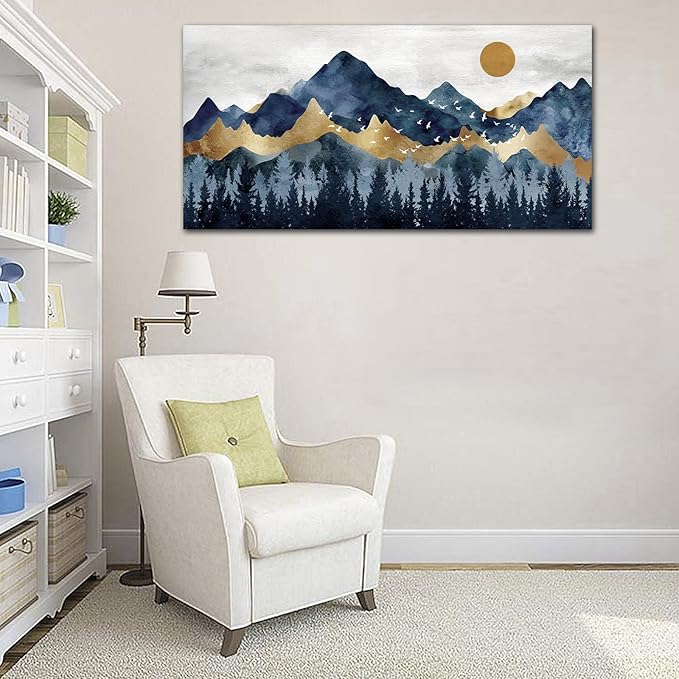 Abstract Nordic Canvas Wall Art - Indigo Blue and Brown Mountain Forest Picture Wall Decor Sun Birds Canvas Painting Nature Landscape Prints Artwork for Living Room Bedroom Decoration 29" x 58"