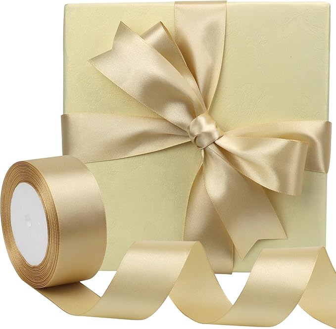 Champagne Solid Satin Ribbon 1-1/2 Inch 25 Yards Solid Polyester Fabric Ribbon for Gift Wrapping Wedding Christmas Baby Shower Birthday Party Decoration Handmade Immortal Flower Craft