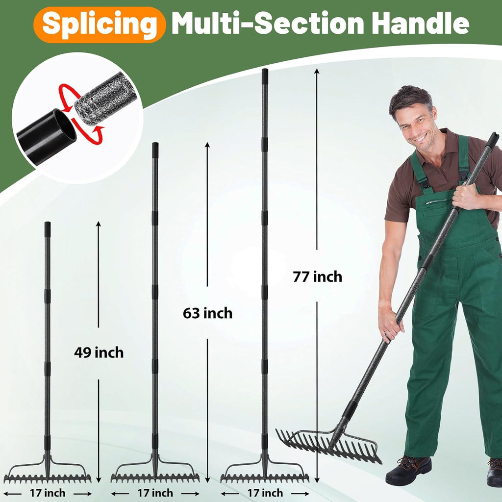 Garden Rake, 63 Inch Long Handle with 17 Tongs, Heavy Duty Metal Bow Rake for Loosening Leveling Soil, Garden Leaf Rake for Raking Leaves Grass , Weeding, Metal Yard Thatch Lawn Care Garden Tool