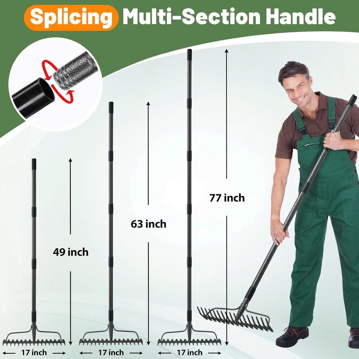 Garden Rake, 63 Inch Long Handle with 17 Tongs, Heavy Duty Metal Bow Rake for Loosening Leveling Soil, Garden Leaf Rake for Raking Leaves Grass , Weeding, Metal Yard Thatch Lawn Care Garden Tool