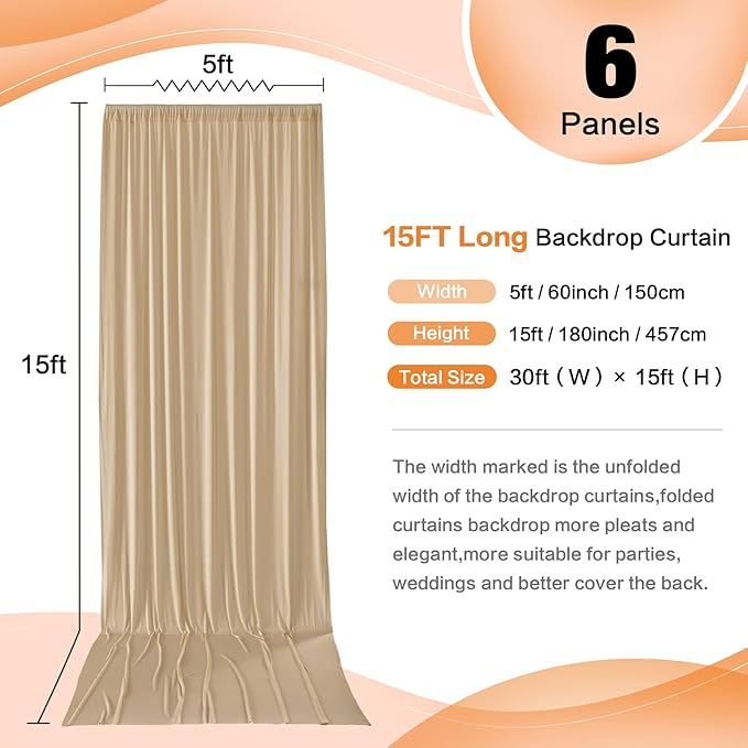 30ft x 15ft Beige Wrinkle Free Backdrop Curtains for Parties,Silky Polyester Fabric Wedding Ceiling Drapes, 6 Panels 15ft Photo Back Drop Drapes for Baby Shower Photography Stage Background Cloth
