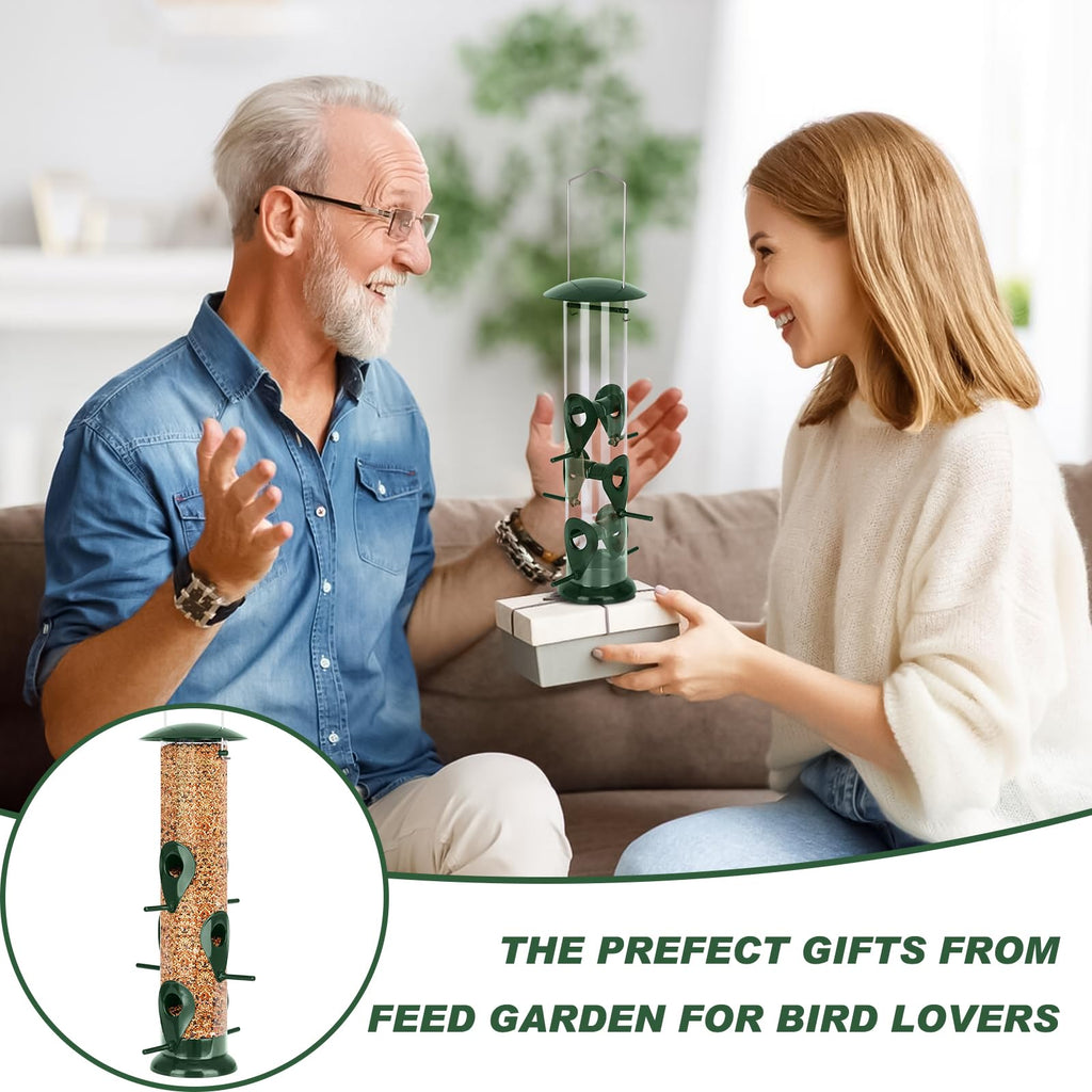 FEED GARDEN Metal Bird Feeder- 6 Port Tube Feeder for Outdoors with Metal Lid, Easy Fill & Clean, Weather Resistant, 13 Inch