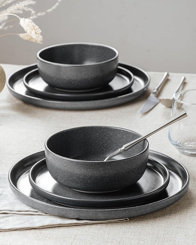 Famiware Milkyway Plates and Bowls Sets, 18 Pieces Dinnerware Sets, Reactive Glaze Dish Set, Stoneware Dishes Set for 6, Matte Dark Charcoal