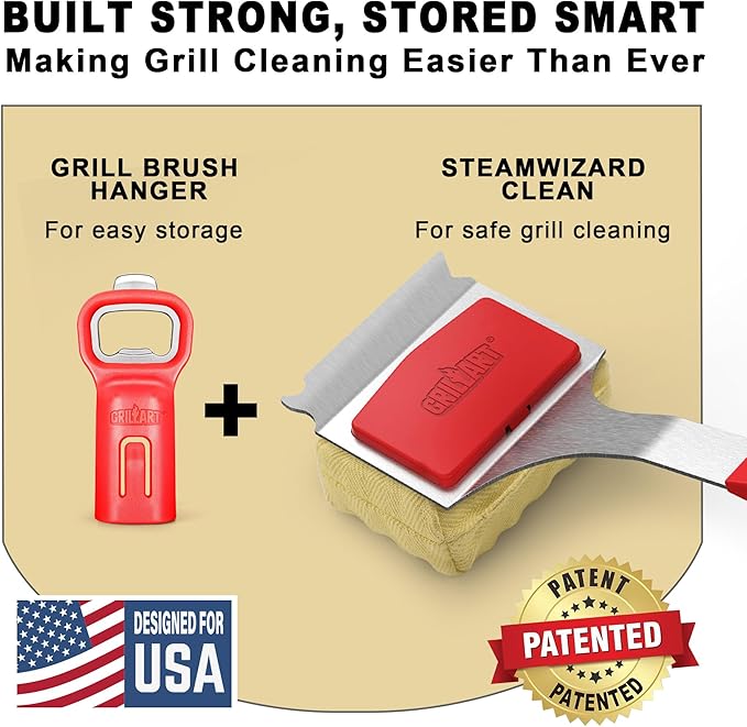 GRILLART Bristle-Free BBQ Grill Brush – Safe & Durable Cleaning Tool for Gas, Charcoal, Cast Iron & Stainless Steel Grates – Heat-Resistant Scraper Brush with Reusable Head & Hanging Loop