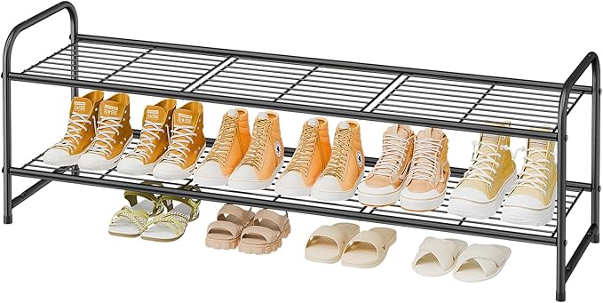 2 Tier Shoe Rack for Closet, 44 Inch Extra Long Shoe Storage Organizer for Shelves, Heavy Duty Metal, Easy Assembly, Black