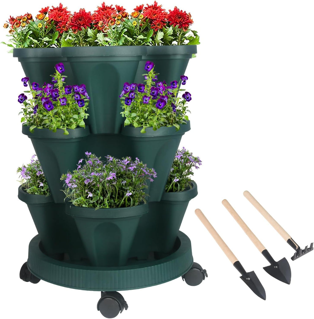 Vertical Planter 3 Tier Stackable Planters Garden Planters Strawberry Herb Flower and Vegetable Planter Indoor Outdoor Gardening Pots with Removable Wheels and Tools