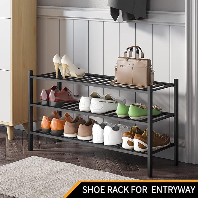 Long Shoe Rack, 3-Tier Bamboo Stackable Shoe Shelf Storage Organizer, Shoe Stand for Closet, Entryway and Hallway