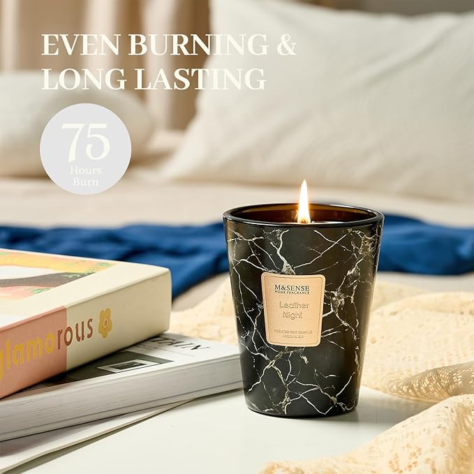 M&SENSE LeatherNight Scented Candles for Home, Lead-Free Wick Highly Scented Jar Candles, 14.1 Oz 80 Hours Lasting Burning Candles Gifts for Women, Relaxing Aromatherapy Candle for Stress Relief