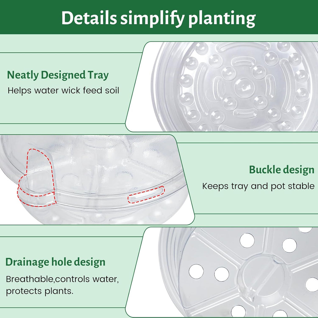 20 Pack 5 Inch Clear Self Watering Plant Pots with Bottom Water Tray & Watering Rope, Transparent Nursery Pots with Drainage for Seedlings, Herbs, and Houseplants