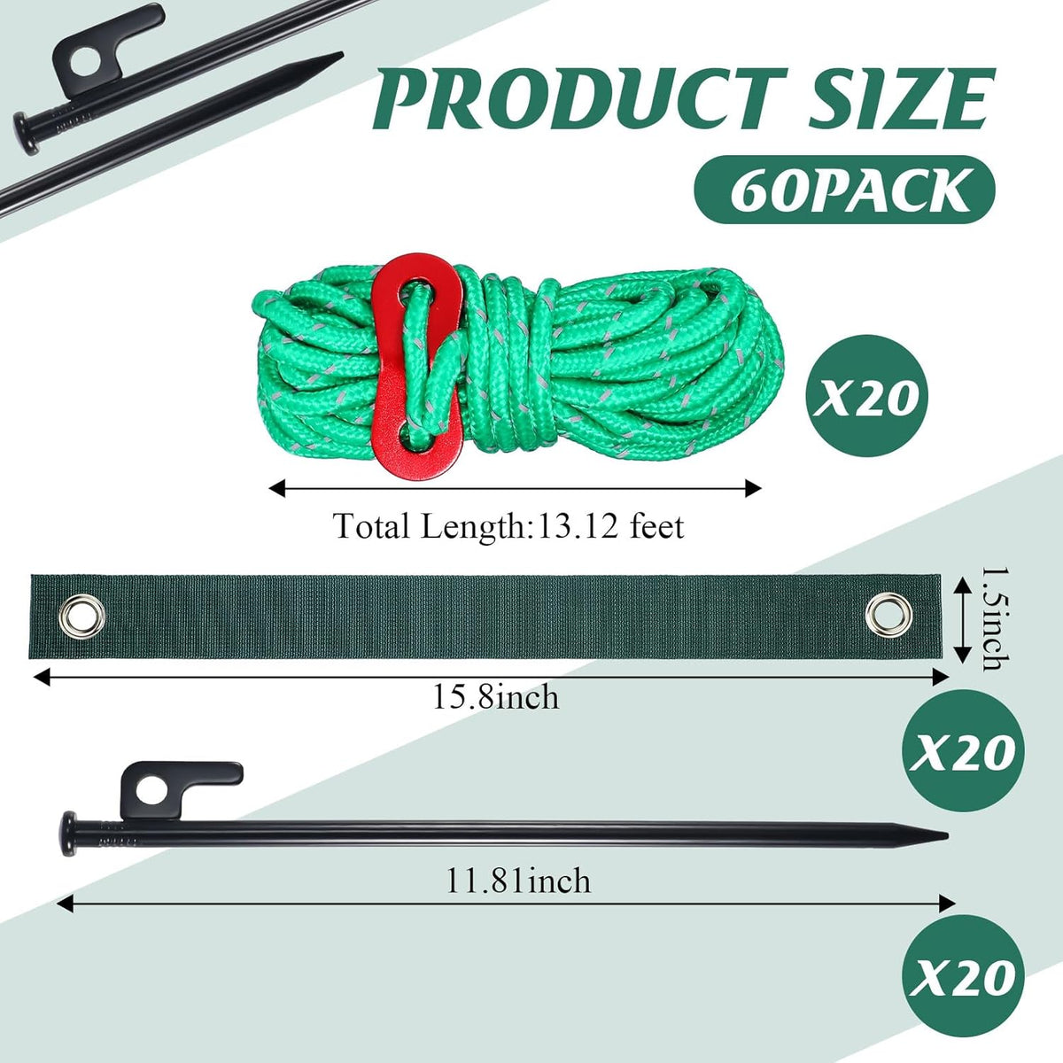 Suzile 60 Pcs Tree Stake Kit, Heavy Duty Tree Staking and Supports for Leaning Trees Include 11. 8'' Steel Stakes 15. 8'' Support Straps 13. 12 ft Ropes for Anchoring Hurricane Protection (Green)