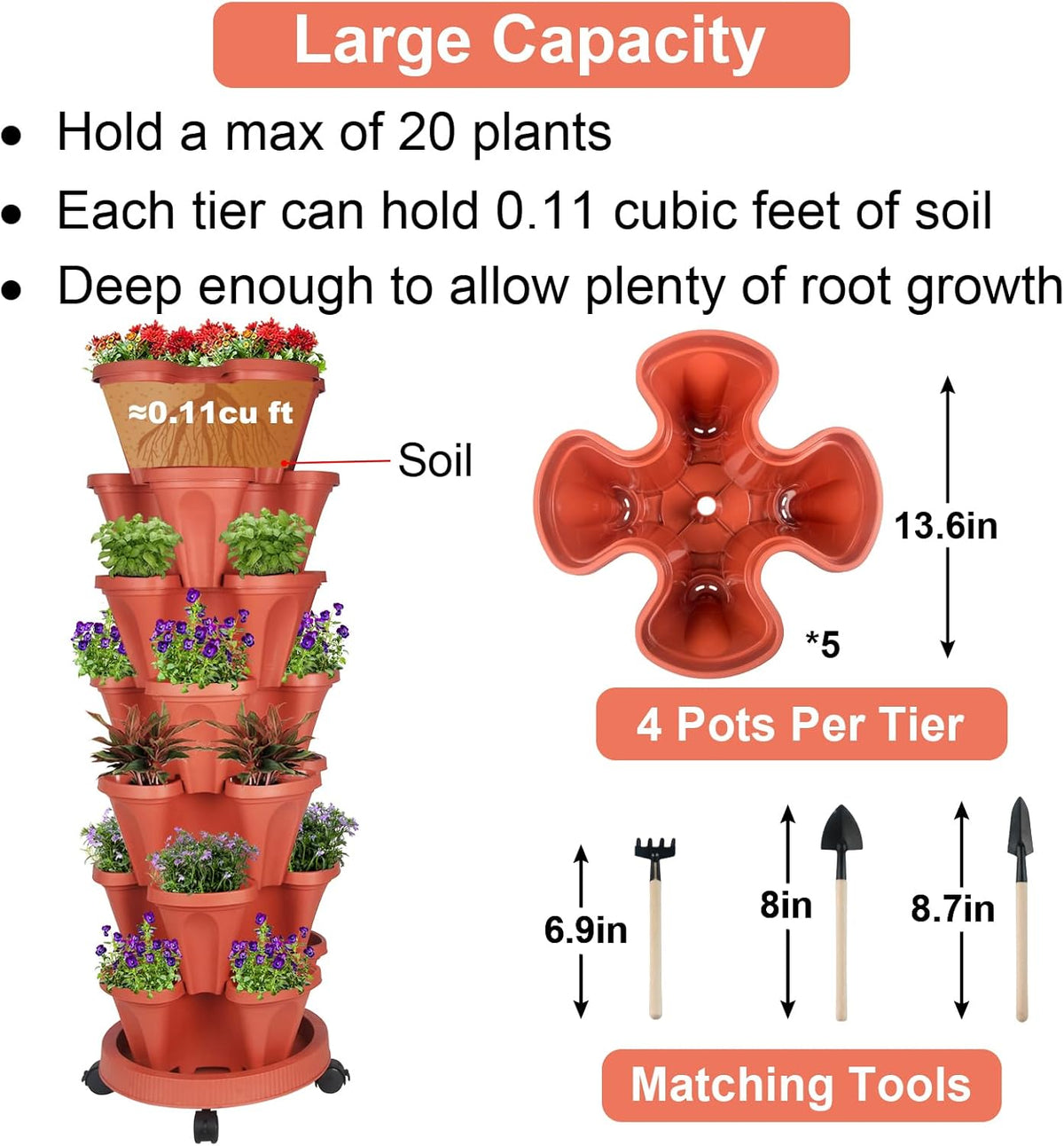 Vertical Planter 7 Tier Stackable Planters Garden Planters Strawberry Herb Flower and Vegetable Planter Indoor Outdoor Gardening Pots with Removable Wheels and Tools