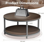 NSdirect 36 inches Round Coffee Table, Rustic Wooden Surface Top & Sturdy Metal Legs Industrial Sofa Table for Living Room Modern Design Home Furniture with Storage Open Shelf (Black Walnut, 36 in)