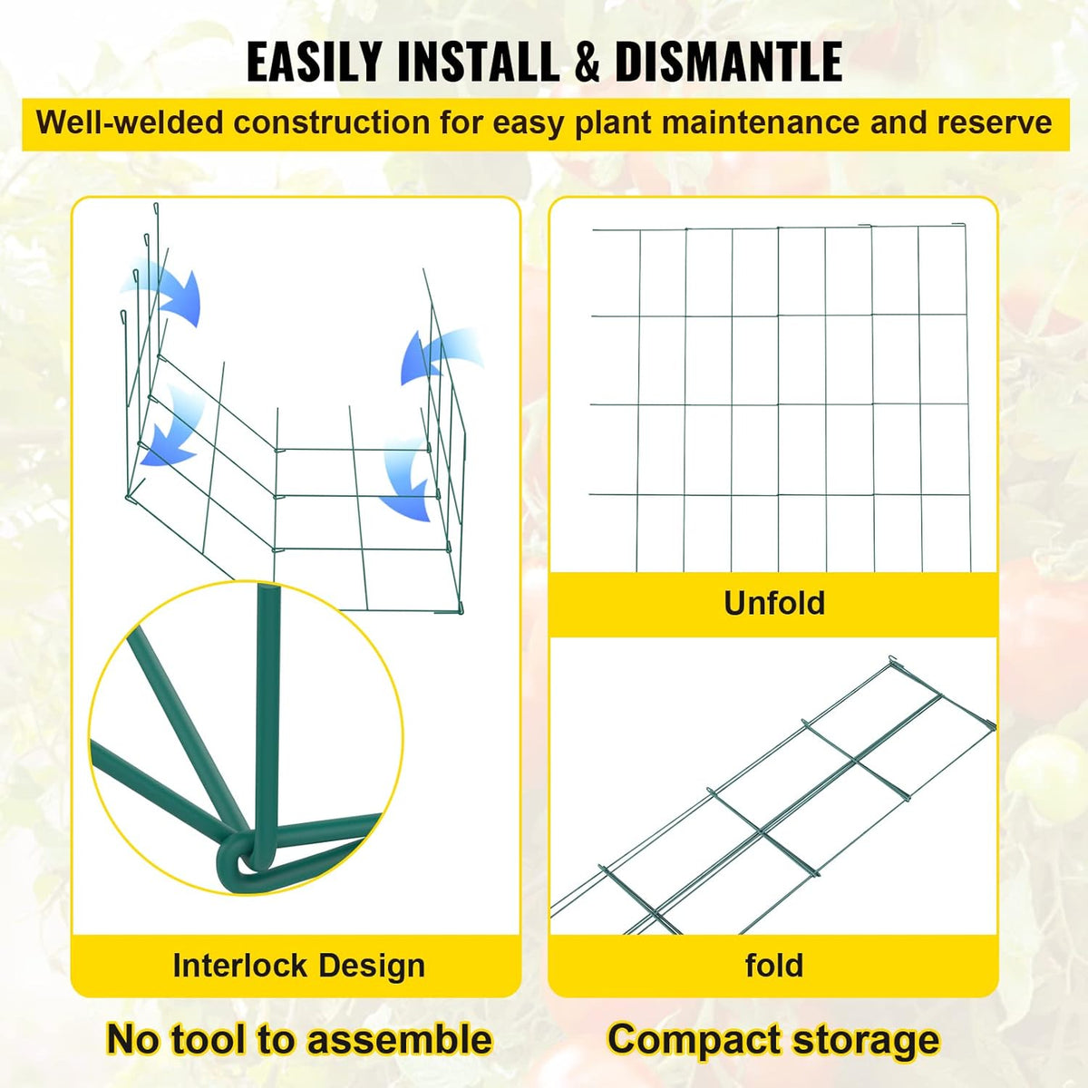 VEVOR Tomato Cages, 14.6" x 14.6" x 39.4", 6 Packs Square Plant Support Cages, Green PVC-Coated Steel Tomato Towers for Climbing Vegetables, Plants, Flowers, Fruits