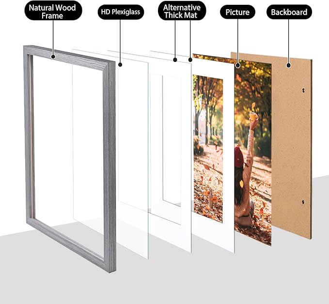 KINLINK 12x16 Picture Frame Grey, Solid Wood Frames with Acrylic Plexiglass for Pictures 11x14/9x12 with Mat or 12x16 without Mat,Wall Display Photo Frame, Set of 4