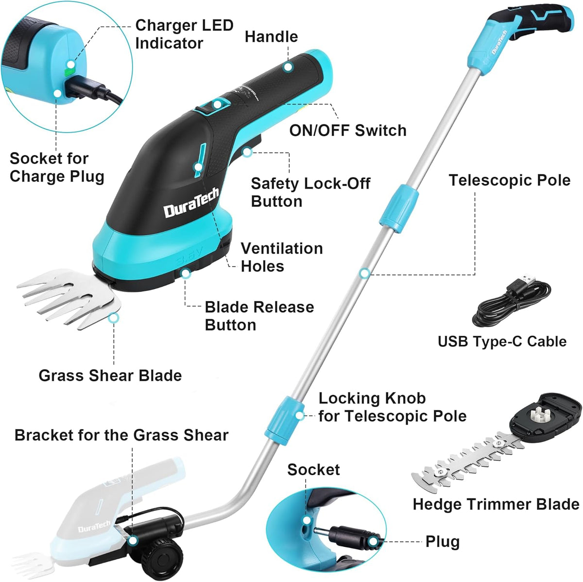 DURATECH Cordless Hedge Trimmer, 3.6V 3-in-1 Handheld Electric Grass Trimmer & Hedge Shears with 50" Wheeled Extension Pole, USB Type-C Cable and Built-in Li-ion Battery, for Garden, Yard and Lawn
