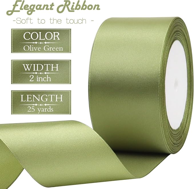 Olive Green Solid Satin Ribbon 2 Inch 25 Yards Solid Polyester Fabric Ribbon for Gift Wrapping Wedding Christmas Baby Shower Birthday Party Decoration Handmade Immortal Flower Craft