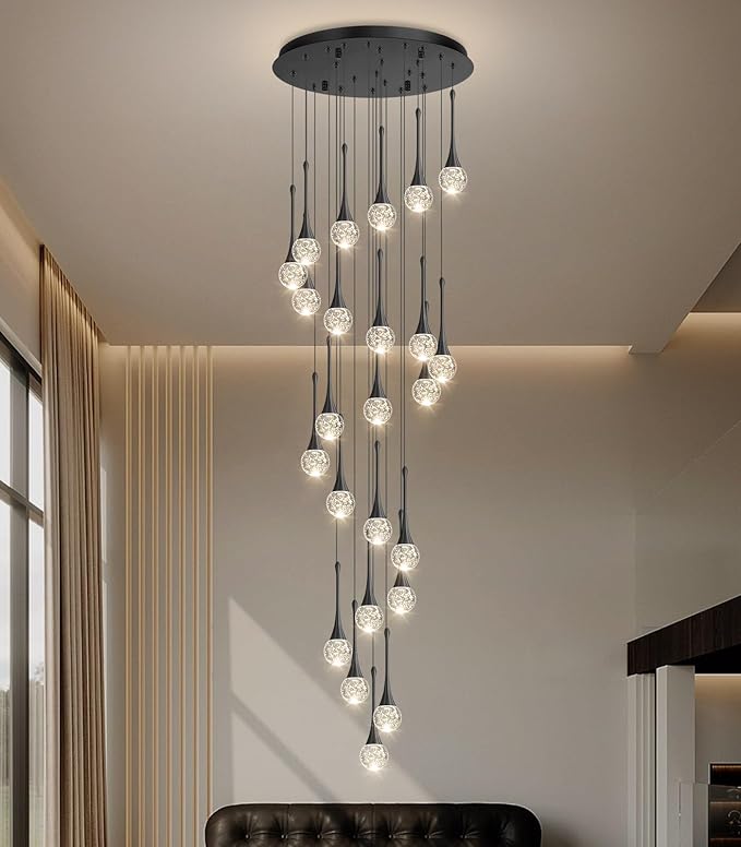 24 Light Modern Glam Crystal Chandelier for High Ceiling LED Dimmable Ceiling Pendant Light Staircase Foyer Enterway Living Room Chandelier Lighting Antique Black