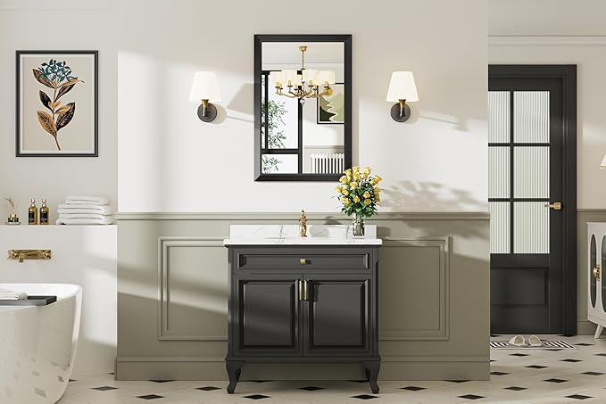 24x36 Inch Black Bathroom Mirror for Wall, Thick Metal Framed Rectangle Mirrors for Over Sink, Bedroom, Living Room, Entryway, Anti-Rust, HD Tempered Glass