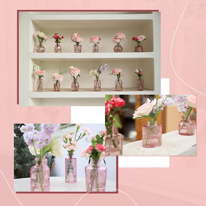 Pink Glass Bud Vase Set of 22, Small Vases for Flowers, Clear Glass Vases for Centerpieces, Mini Bud Vases in Bulk Rustic Wedding Decorations, Centerpieces, Vintage Look Home Table Flower Decor