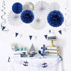 Navy-Blue White Silver Party-Decorations - 20pcs Graduation Paper Lanterns Fans,Tissue Pom Poms,Honeycomb Balls,Bunting,Birthday Bridal Bachelorette Christmas Baby Shower Wedding Decor Burgleda