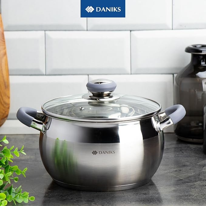 Daniks Modern 10-Piece Stainless Steel Induction Cookware Set – Dishwasher Safe Saucepan, Pots with Heatproof Handles, Glass Lids, Silver