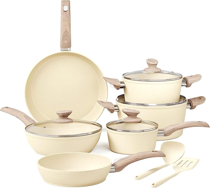Kitchen Academy Induction Pots and Pans Set Non Stick - 12Pcs Beige Nonstick Kitchen Cookware Set, Granite Cooking Pans Set