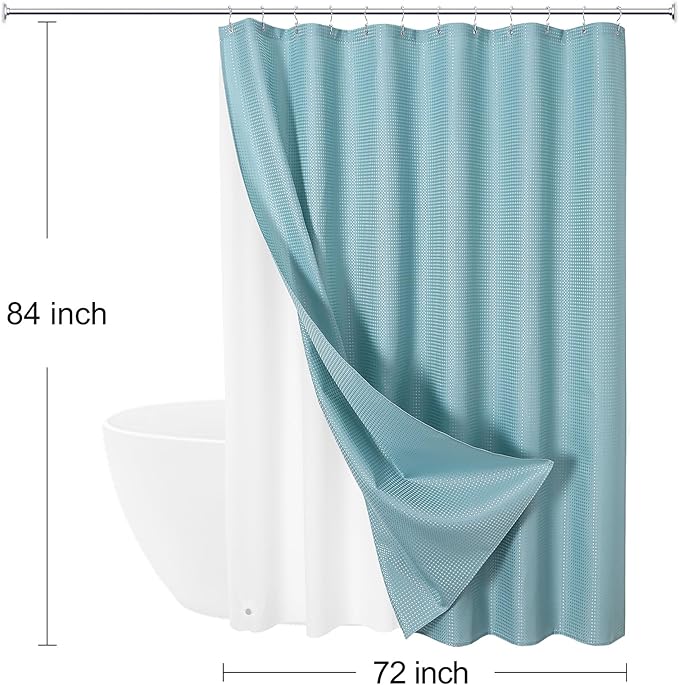 3 in 1 Extra Long Shower Curtain Set-72 W x 84 H, Teal Blue Waffle and PEVA Liner Set with 12 Stainless Steel Hooks, Waterproof Fabric for Bathroom