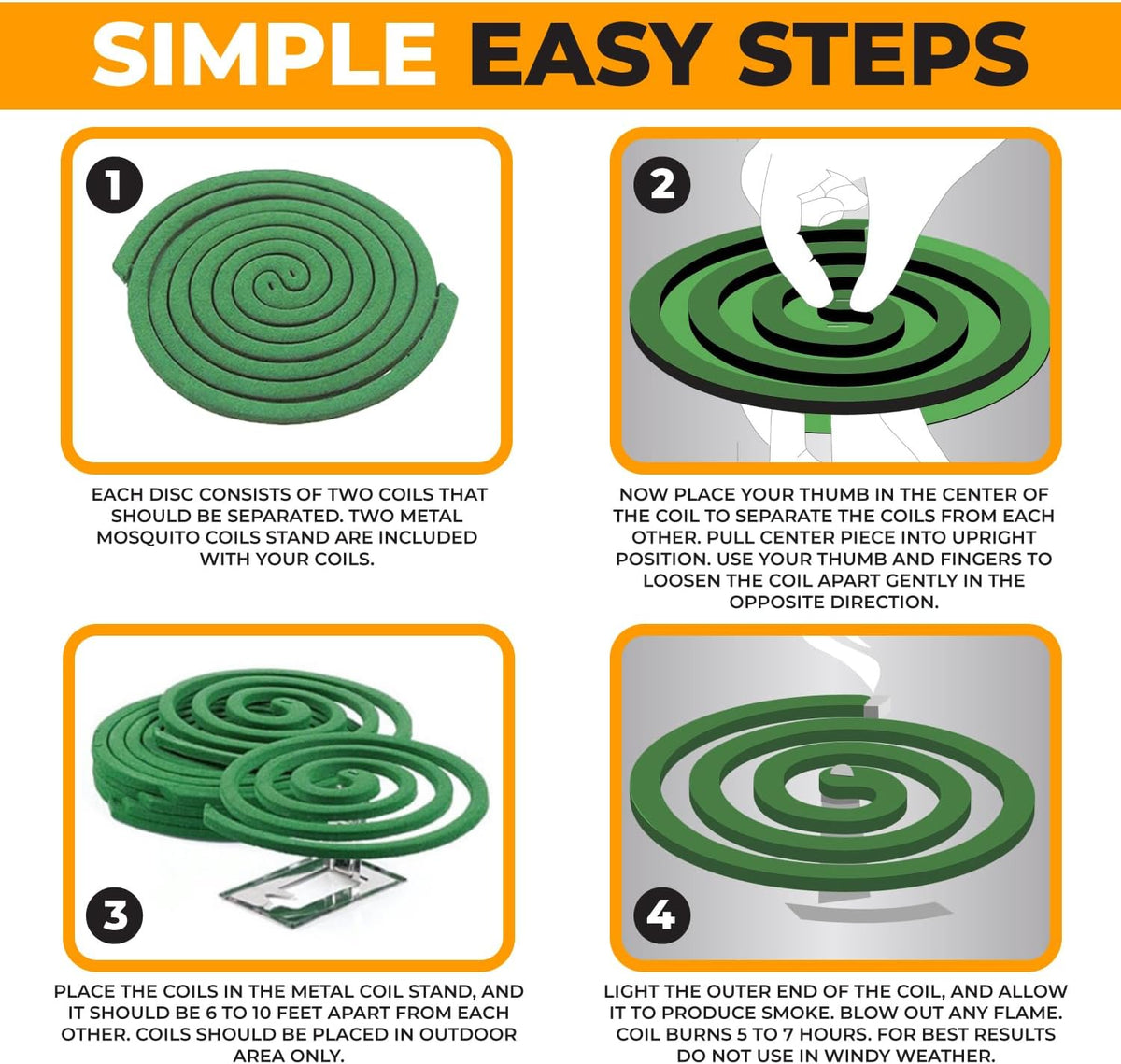 Mosquito Repellent Coils - Outdoor Use Reaches Up to 10 feet - Each Coil Burns for 5-7 Hours (Four in Each Pack Contains Total 16 coils & 8 Coil Stands)