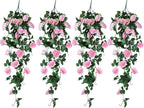 RECUTMS 4PCS Artificial Rose Vine Hanging Plants Fake Flower Outdoor Flowers UV Resistant for Indoor Outside Garden Porch Window Box Home Wedding Farmhouse (Pink)