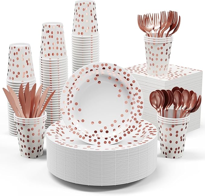 White and Rose Gold Party Supplies - 350 PCS Disposable Dinnerware Set - White Paper Plates Napkins Cups, Gold Plastic Forks Knives Spoon for Graduation, Birthday, Cocktail Party