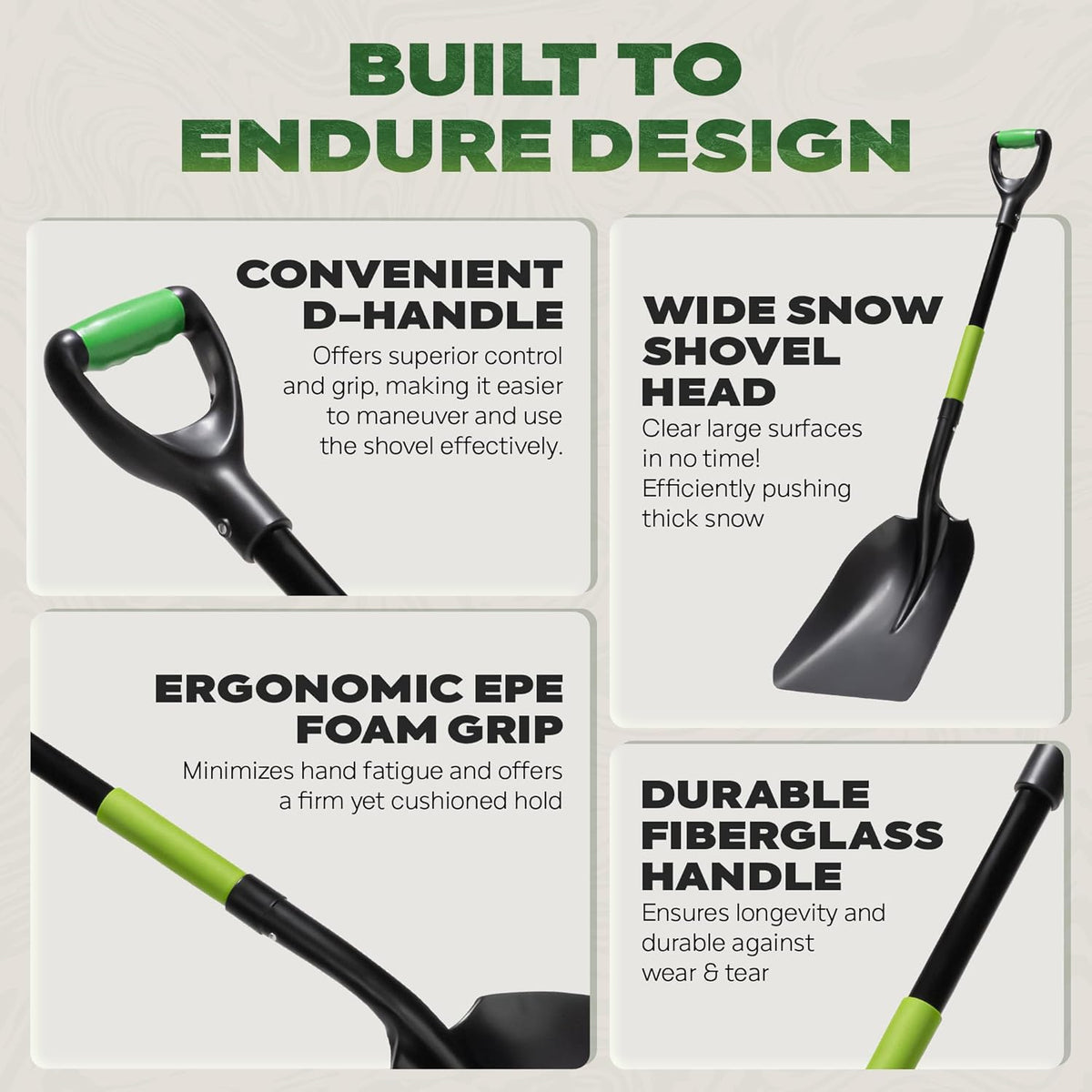 IDZO Aluminum Steel Scoop Shovel Heavy Duty, Ideal Height 44 1/2 Inches Metal Shovel with Strong Aluminum Steel Wide Blade, Durable Grain Shovel, Fiberglass D Handle with Ergonomic EPE Foam Grip