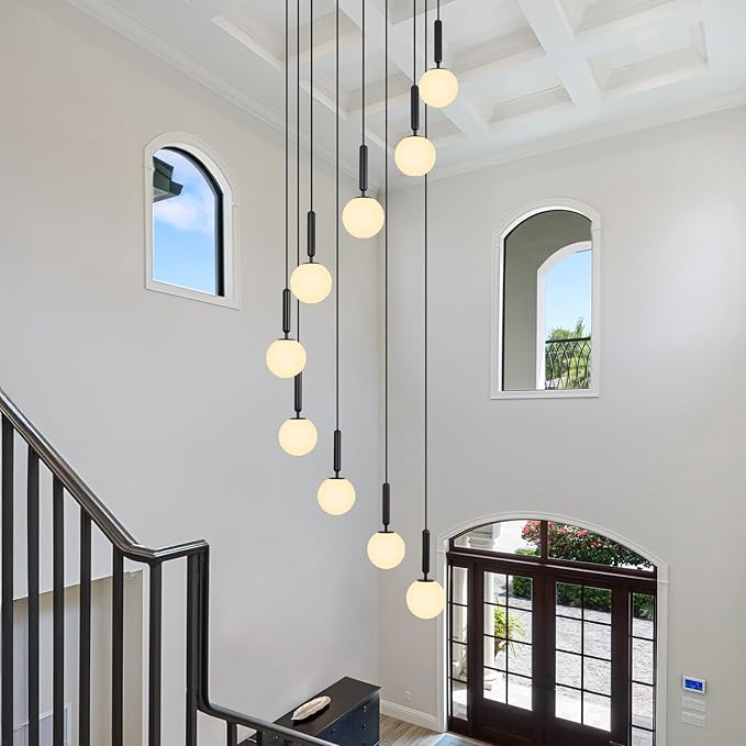 9-Lights Black Chandelier with Milk White Glass Mid Century Modern Globe Pendant Light for Foyer Living Room Entryway Hallway
