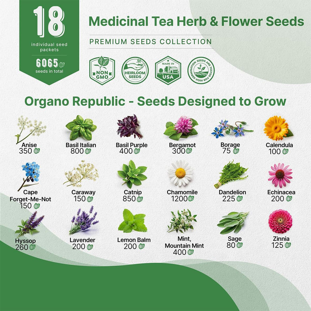 18 Medicinal Tea Herb & Flower Seeds Variety Pack - 6,100+ Non-GMO Heirloom Flower Seeds for Outdoor and Indoor Home Gardening, Including Anise, Borage, Catnip, Chamomile, Dandelion, Lavender, Sage