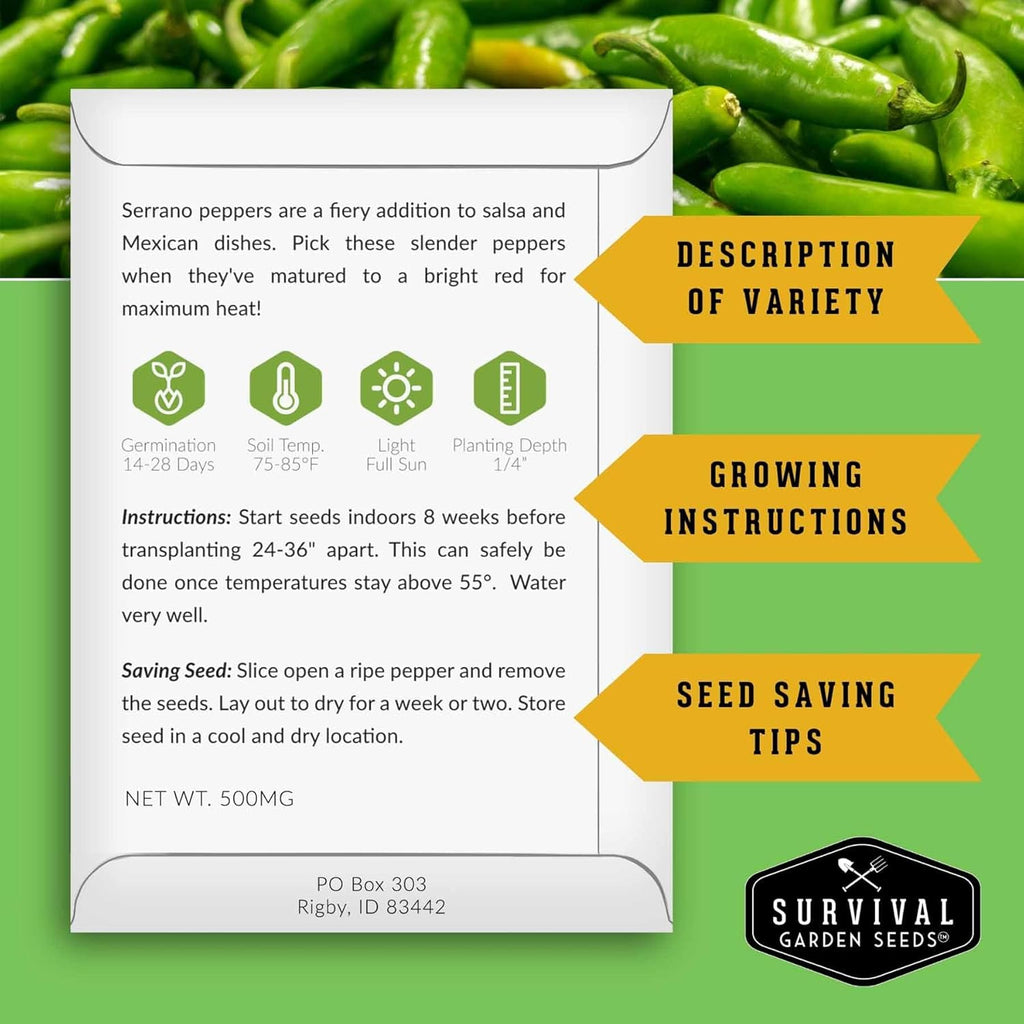 Mexican Serrano Pepper Seeds for Planting | Fresh Hot Chili & Green Hot Pepper Seeds – Heirloom Non‑GMO Variety for Sauce, Pickling & Salsa – Survival Garden Seeds (1 Pack)