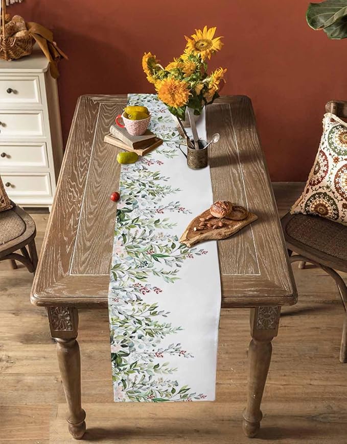 Botanical Eucalyptus Cotton Linen Table Runner for Dining Kitchen, Wedding Outdoor Party Tablerunners Decoration, Sage Green Leaves Elegant Floral Dresser Scarf Coffee Tablecloth Runners 13x36 Inches