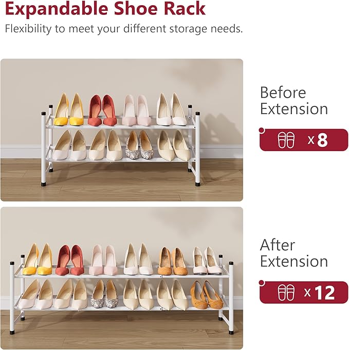 Tajsoon Expandable Shoe Rack for Closet 2 Tier, 28“-41“ Adjustable & Stackable Shoe Shelf Storage, Metal Shoe Rack Organizer for Front Door Entrance, Closet, Garage, Entryway, White