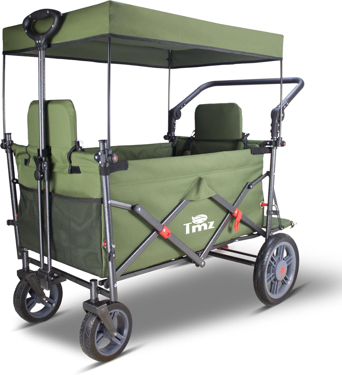 TMZ Collapsible Foldable Wagon Cart with Quick-Release Wheels and 2 Seats, Heavy Duty Wagon 265LBS Load Capacity for Camping Garden Shopping (Green)