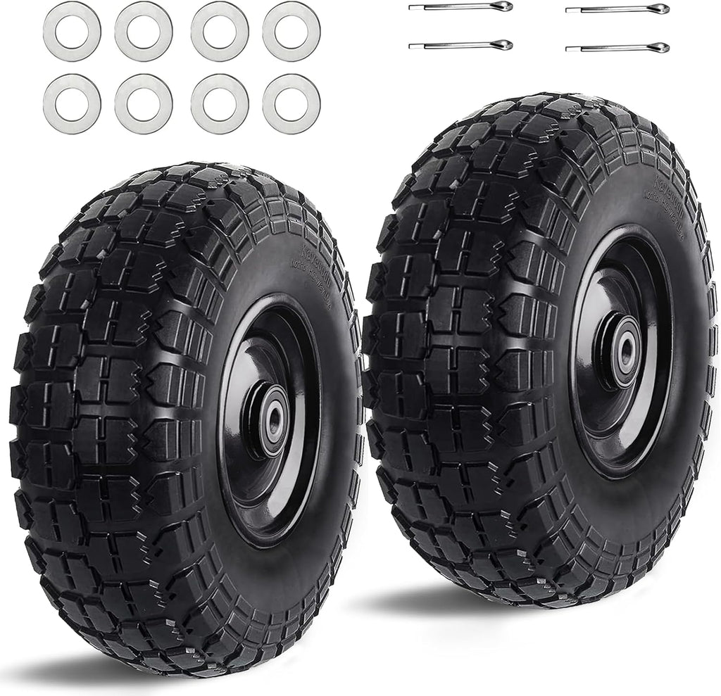 12'' Flat Free Tires Rubber Replacement Solid Tire and Wheel Assemblies for Hand Trucks Garden Cart Wheelbarrow - 3.5”Wide Polyurethane Tires 2.1 Hub with 5/8 Inch Axle Borehole (410/350-6)