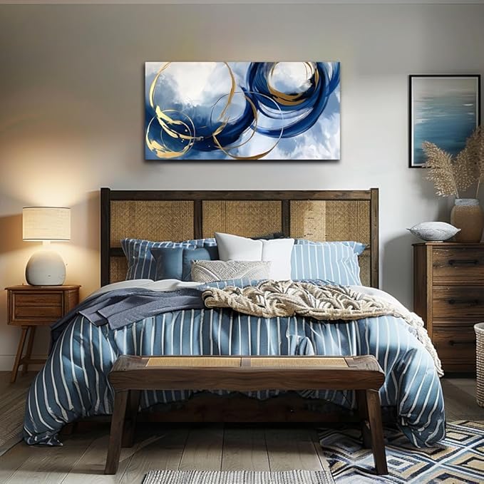 Abstract Wall Art Nave Blue Modern Canvas Pictures Art Print Gold Contemporary Artwork Painting Decor for Living Room Bedroom Home Office Decorations 24x48inches