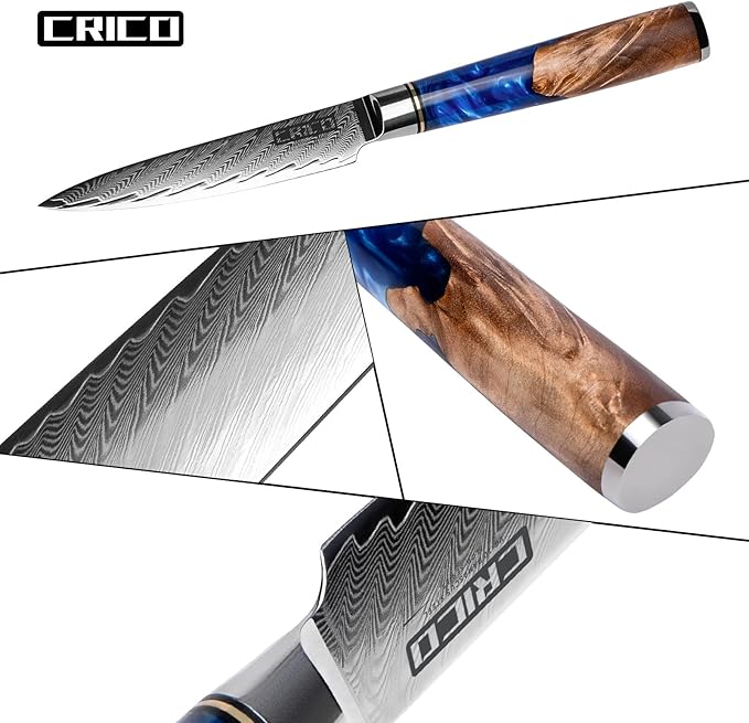 CRICO Paring Knife 5 inch, Kitchen Utility Knife, Fruit Paring Knives, VG10 Damascus Super Steel Forged 67-Layers, Full Tang Wood&Resin Handle, Gift Box - Flow Series