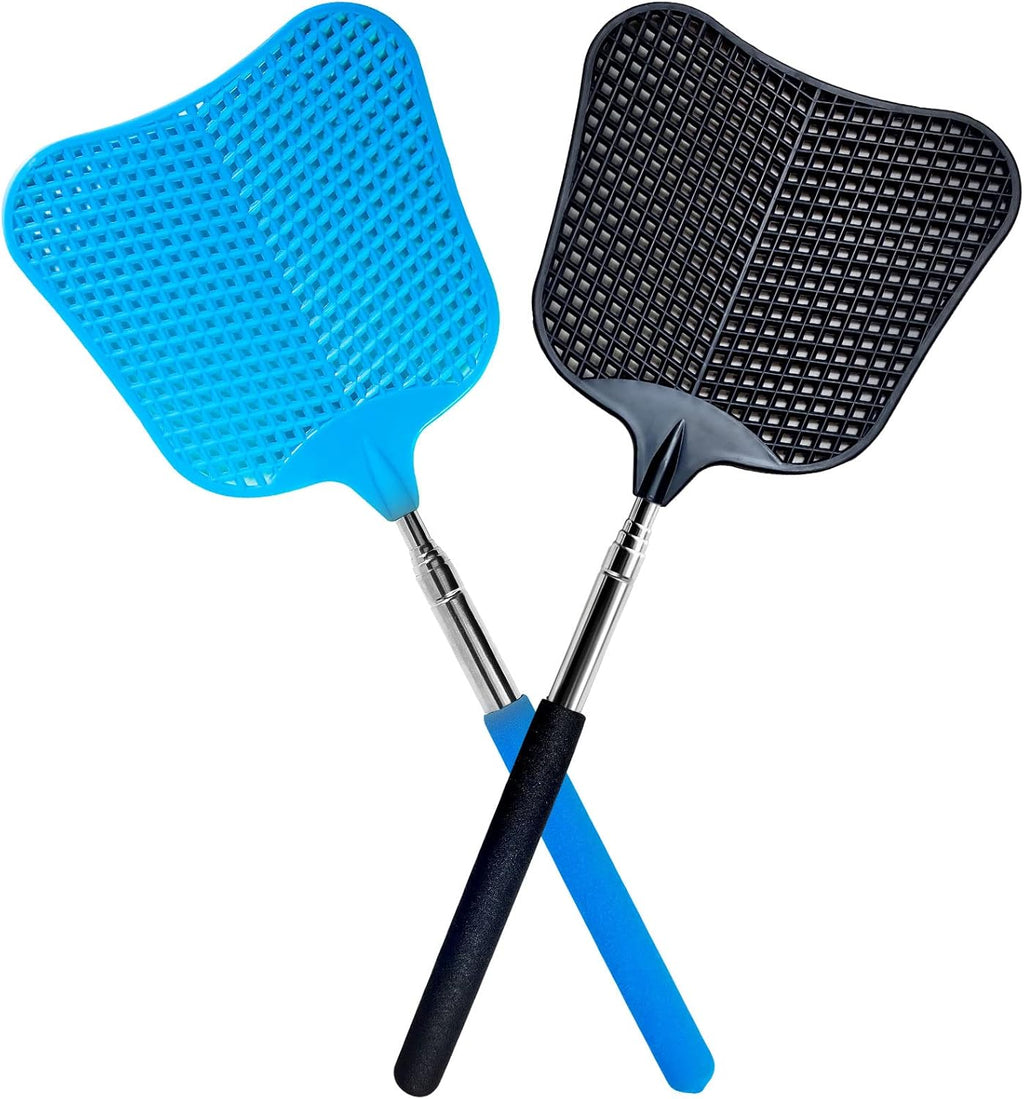 Fly Swatter, Flexible and Durable Telescopic Stainless Steel Retractable Handle ，Manual Fly swatters for Home,Garden,Classroom and Office (2Pcs Black& Blue)