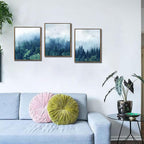 Arjun Forest Wall Art Misty Tree Indigo Blue Landscape Canvas Painting Mountain Pine Tree Nature Birds Pictures Scenery Framed for Living Room Bedroom Bathroom Home Office Wall Decor, 12"x16"x3 Panels