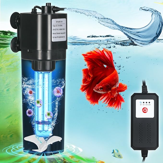 Aquarium U-V Filter for 40-75 Gal, 211 GPH Swirl Turbo Design Submersible Internal Turtle Fish Tank Filter w/Timer, Quiet Power Pump Air Supply Green Clean Machine Saltwater Freshwater Green Killing