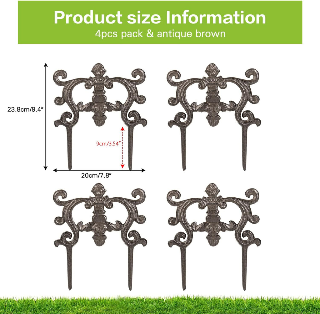 Sungmor Decorative Cast Iron Flower Bed Edging for Landscaping, 4PC Heavy Duty & Sturdy Low Garden Fence, 9.4" Tall Small Picket Fence, Pretty Vintage Lawn Edge Barrier, Outdoor Yard Decor Stakes