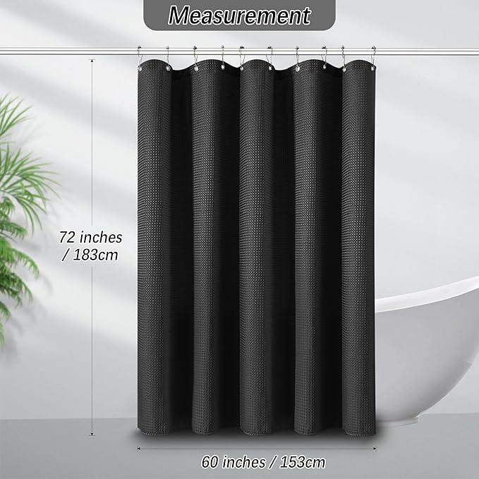 Black Fabric Shower Curtain for Bathroom Stall, 60 inch Waffle Weave Machine Washable Waterproof 256GSM Heavy Duty Weighted Bath Curtain Set with 10 Metal Hooks, 60Wx72H