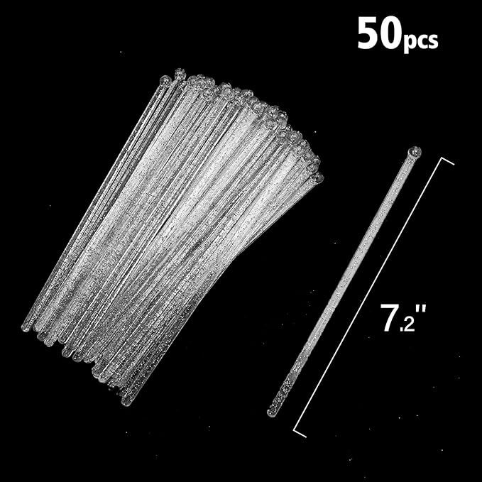 50-PCS Silver Glitter Plastic Swizzle Sticks, Crystal Cake Pops, Cocktail Coffee Drink Stirrers, Lolipop Stick, 7.24 Inch