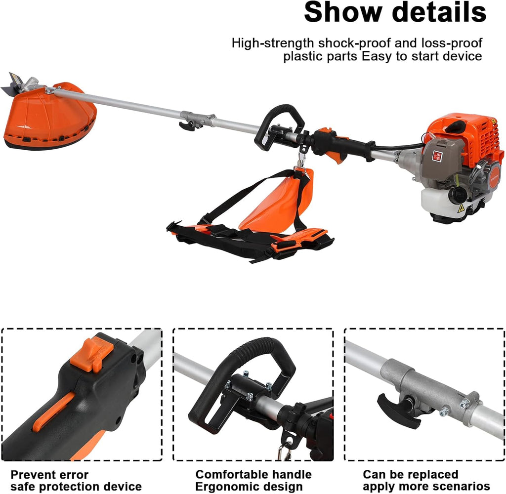 Gas Weed Eater 6 in 1 Hedge Trimmer Grass Trimmer, 52cc 2 Cycle Weed Wacker with Anti-Slip Handle Brush Cutter Garden Tools Edger Lawn Tool Orange